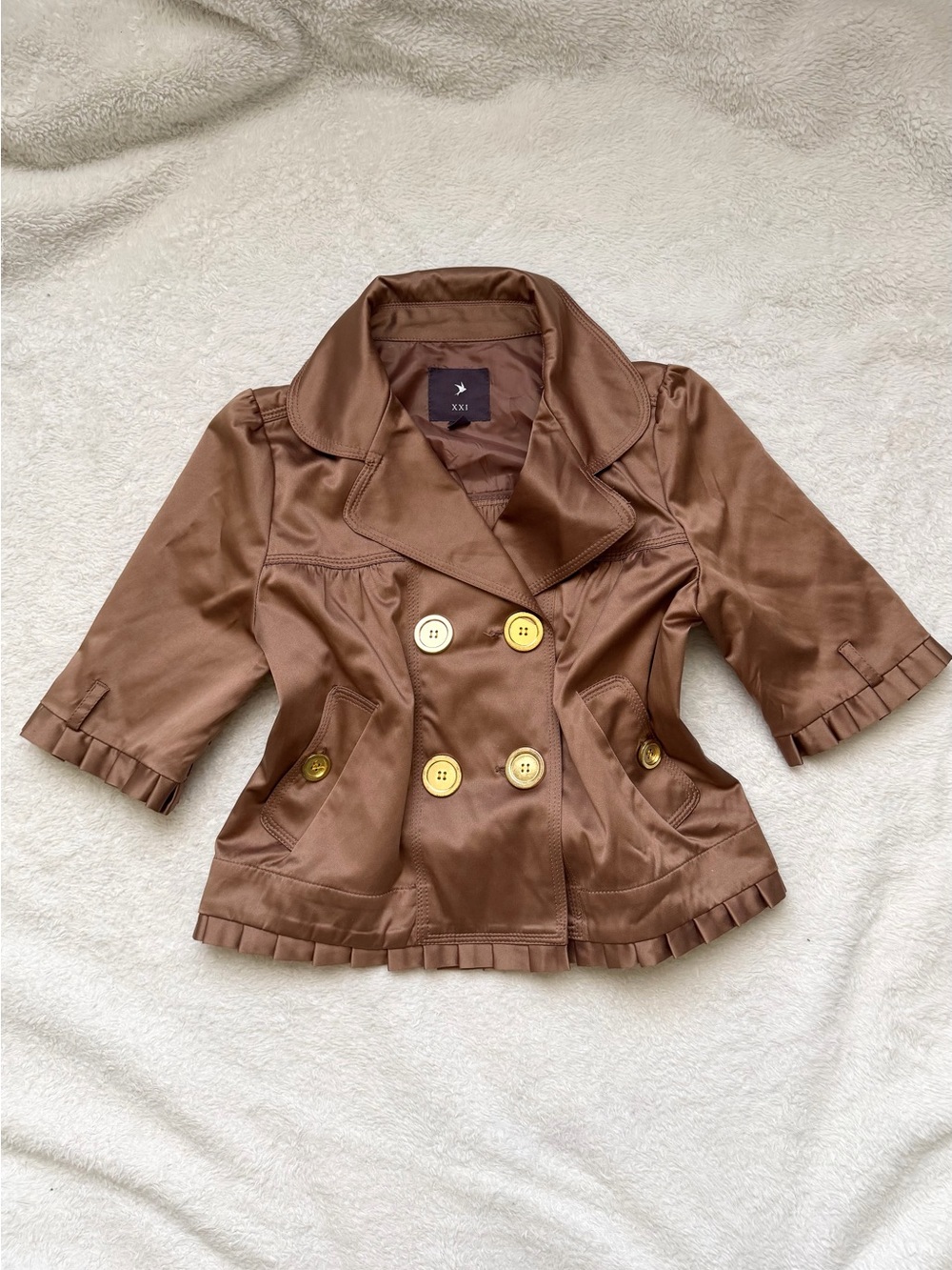Early 2000s Gorgeous XXI brown peplum satin-like mini trench coat